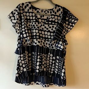 Navy and White Patterned Flutter Sleeve Blouse - Size M